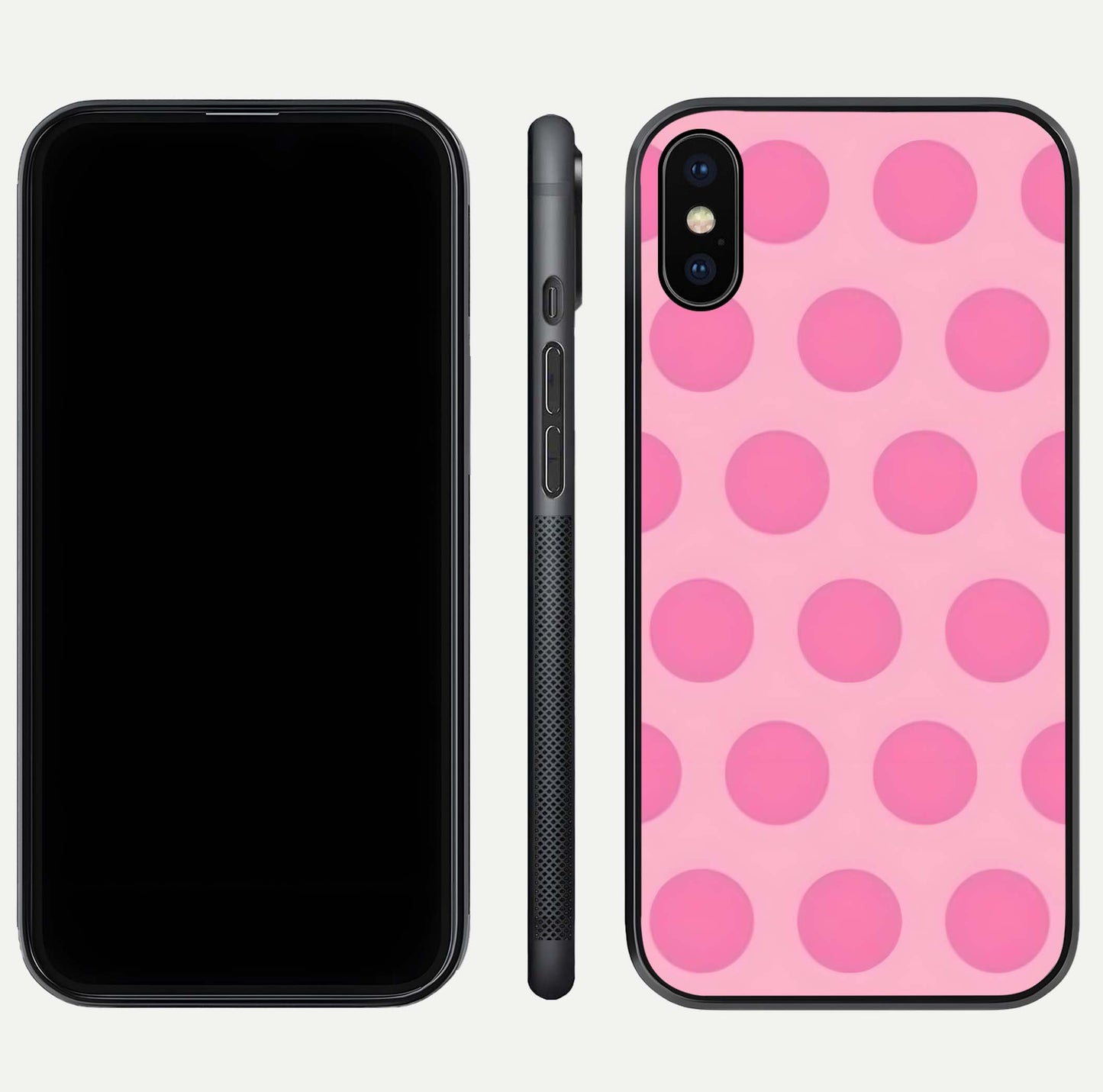 Sweet Dot Dreams iPhone Xs Max glass phone case front and side layout view displaying slim build and full dot design