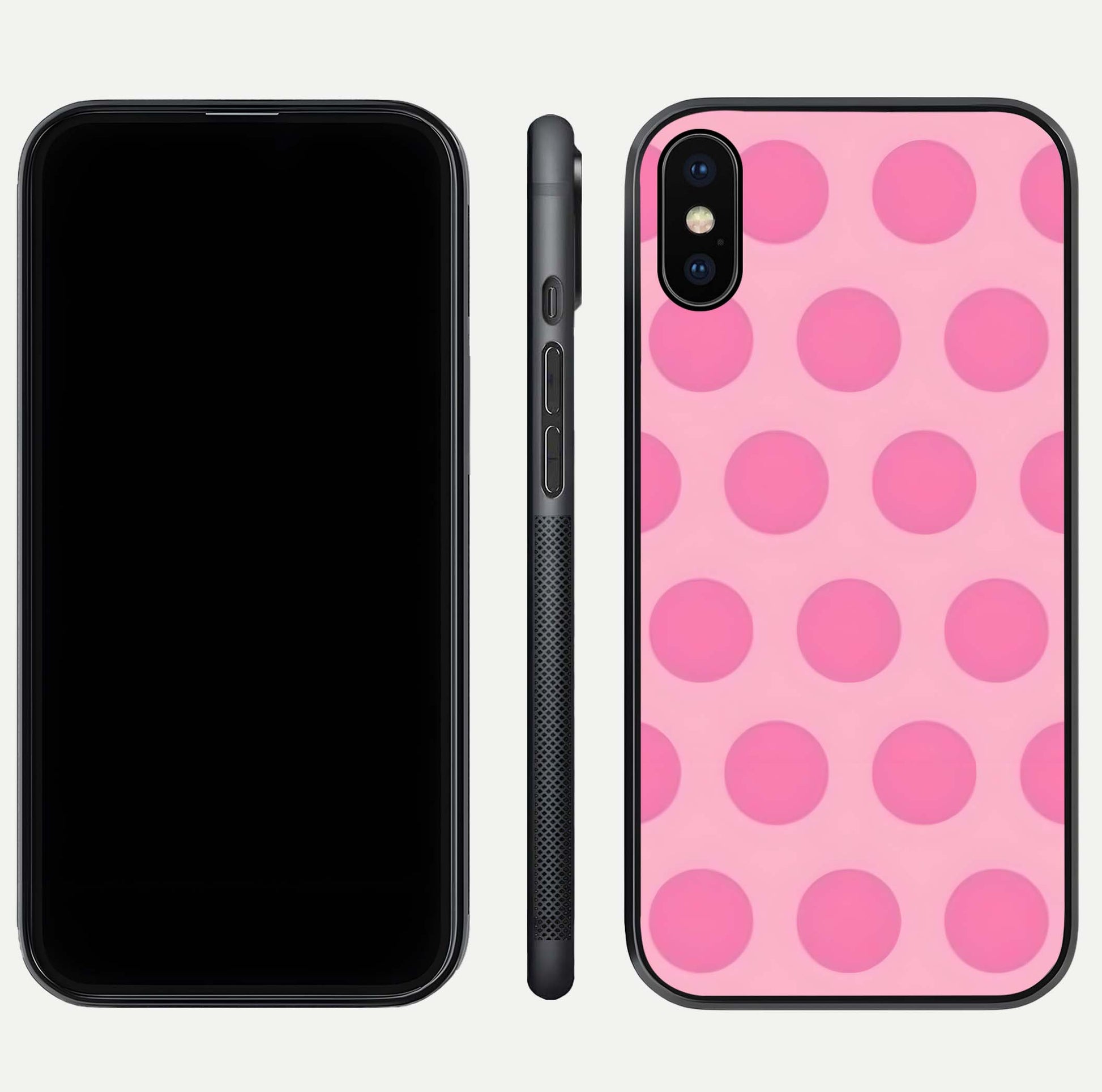 Sweet Dot Dreams iPhone Xs Max glass phone case front and side layout view displaying slim build and full dot design