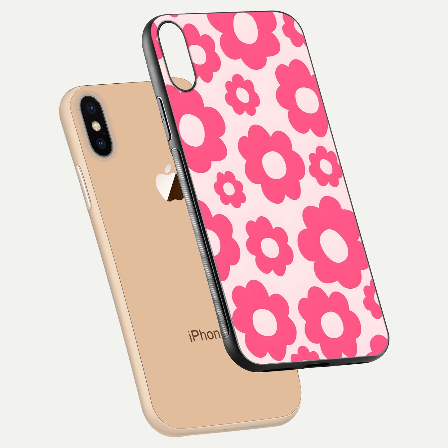 Blush Flower Pop iPhone Xs Max glass phone case floating view emphasizing premium build and vibrant flower artwork