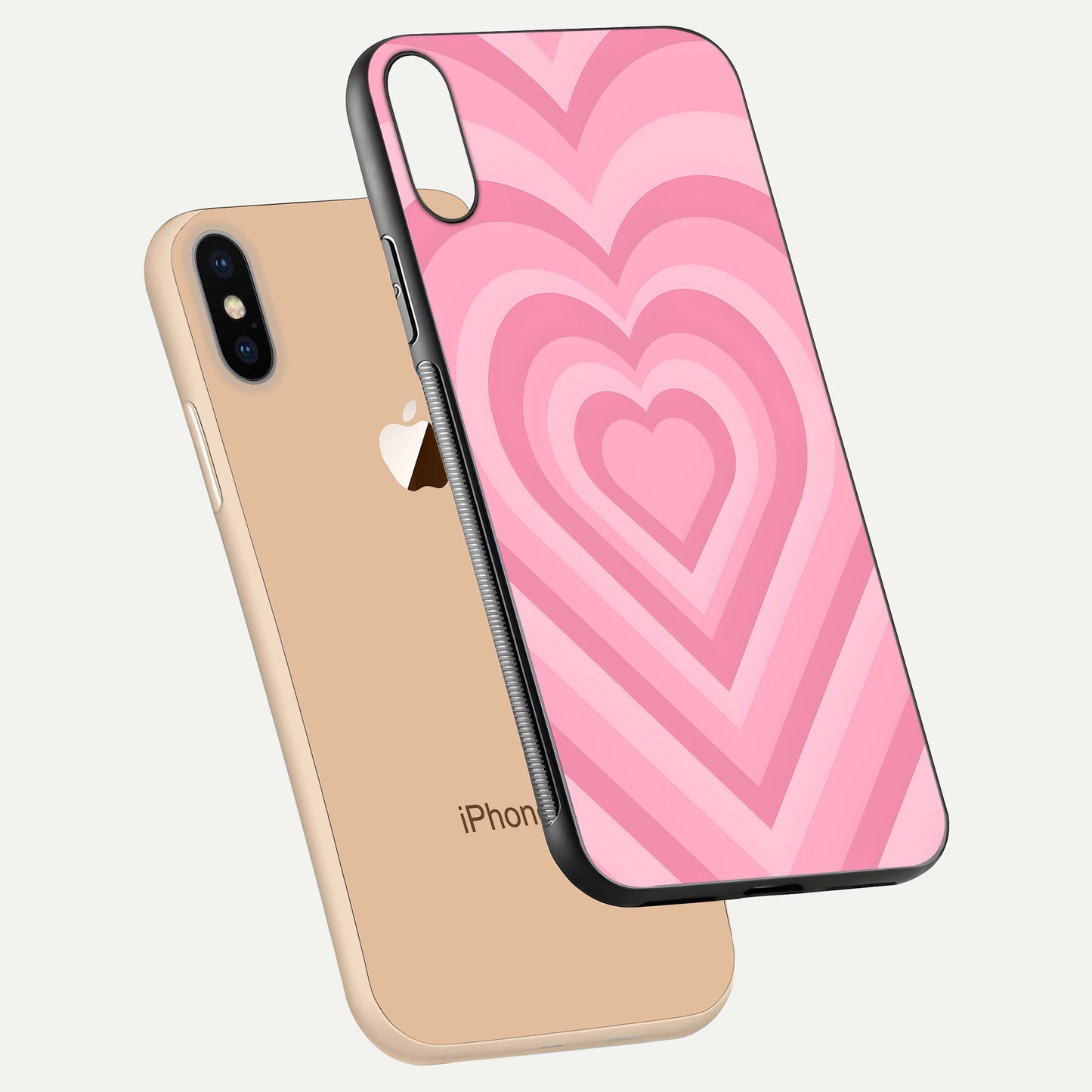 Blush Heart Waves iPhone Xs Max glass phone case floating view emphasizing glossy finish and layered heart design