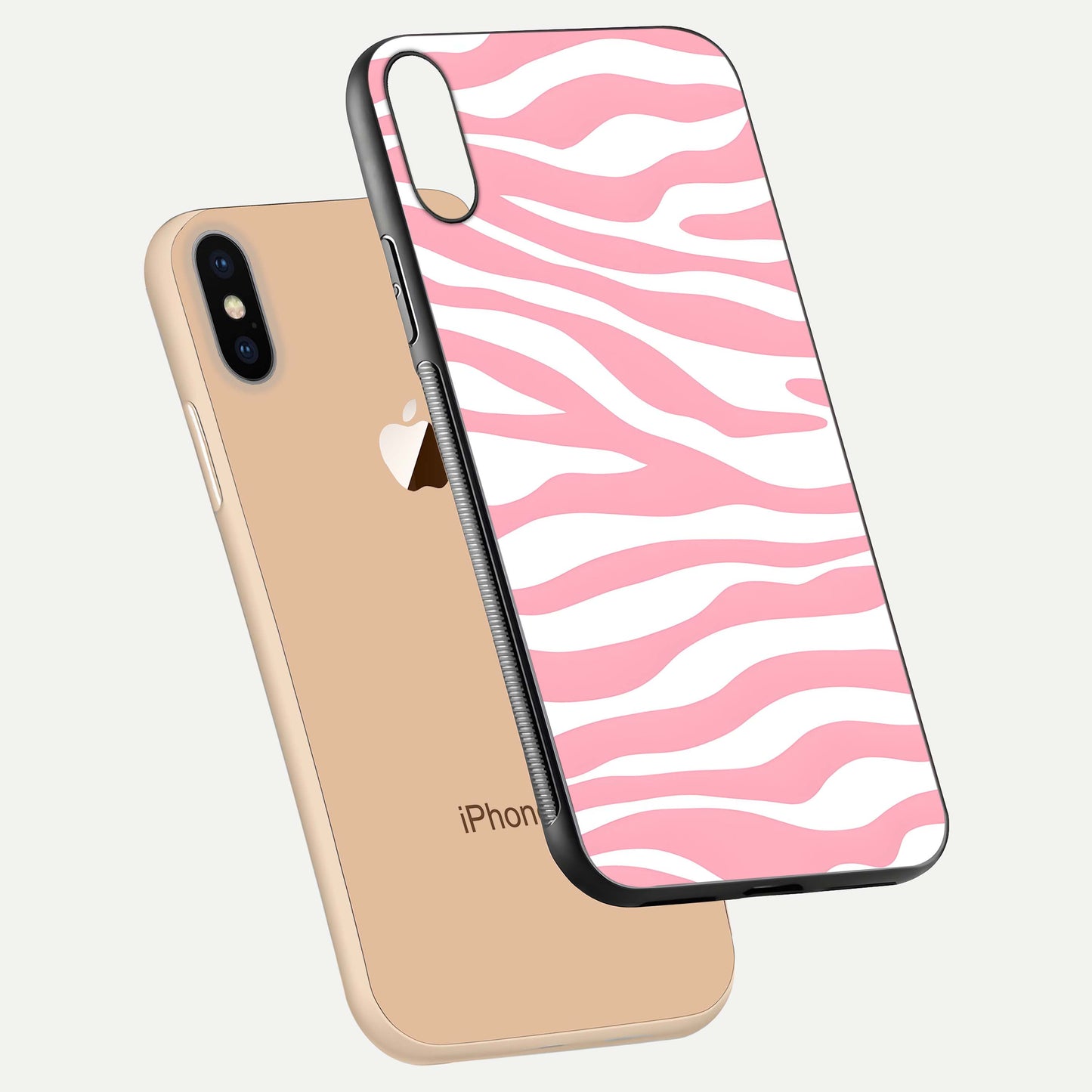 Blush Zebra Flow iPhone Xs Max glass phone case floating view emphasizing premium glossy surface and dynamic design
