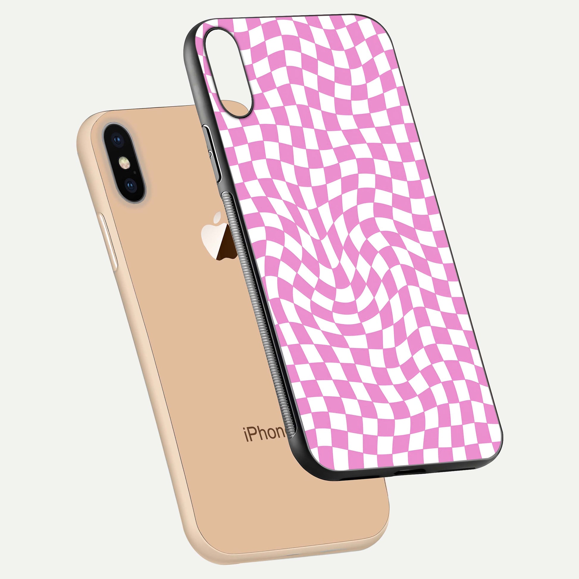 Bubblegum Check Wave iPhone Xs Max glass phone case floating view emphasizing premium glass finish and vibrant design