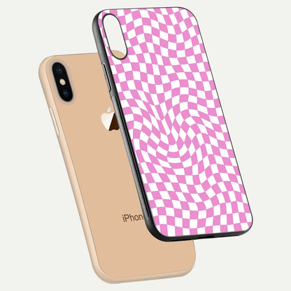 Bubblegum Check Wave iPhone Xs Max glass phone case floating view emphasizing premium glass finish and vibrant design