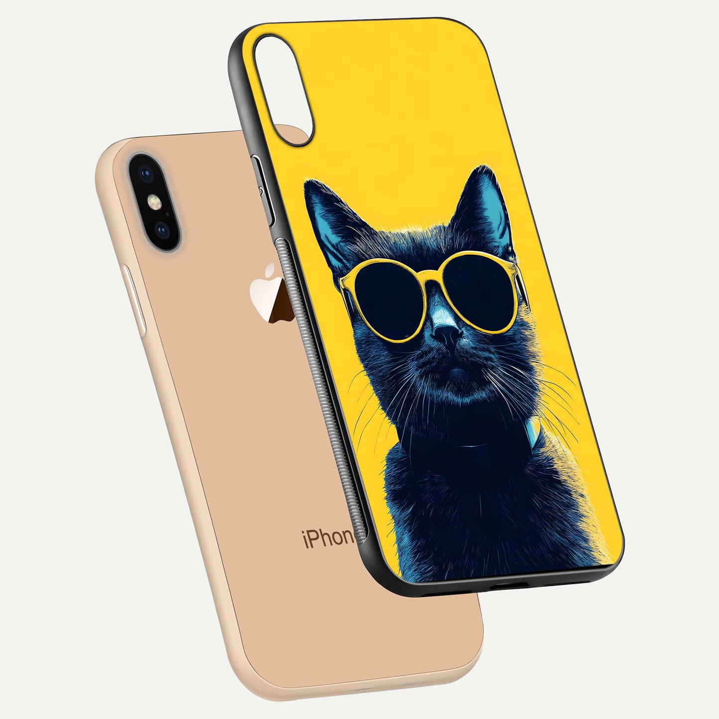 Cool Cat Vibes iPhone Xs Max glass phone case floating view emphasizing glossy finish and fun cat vibe