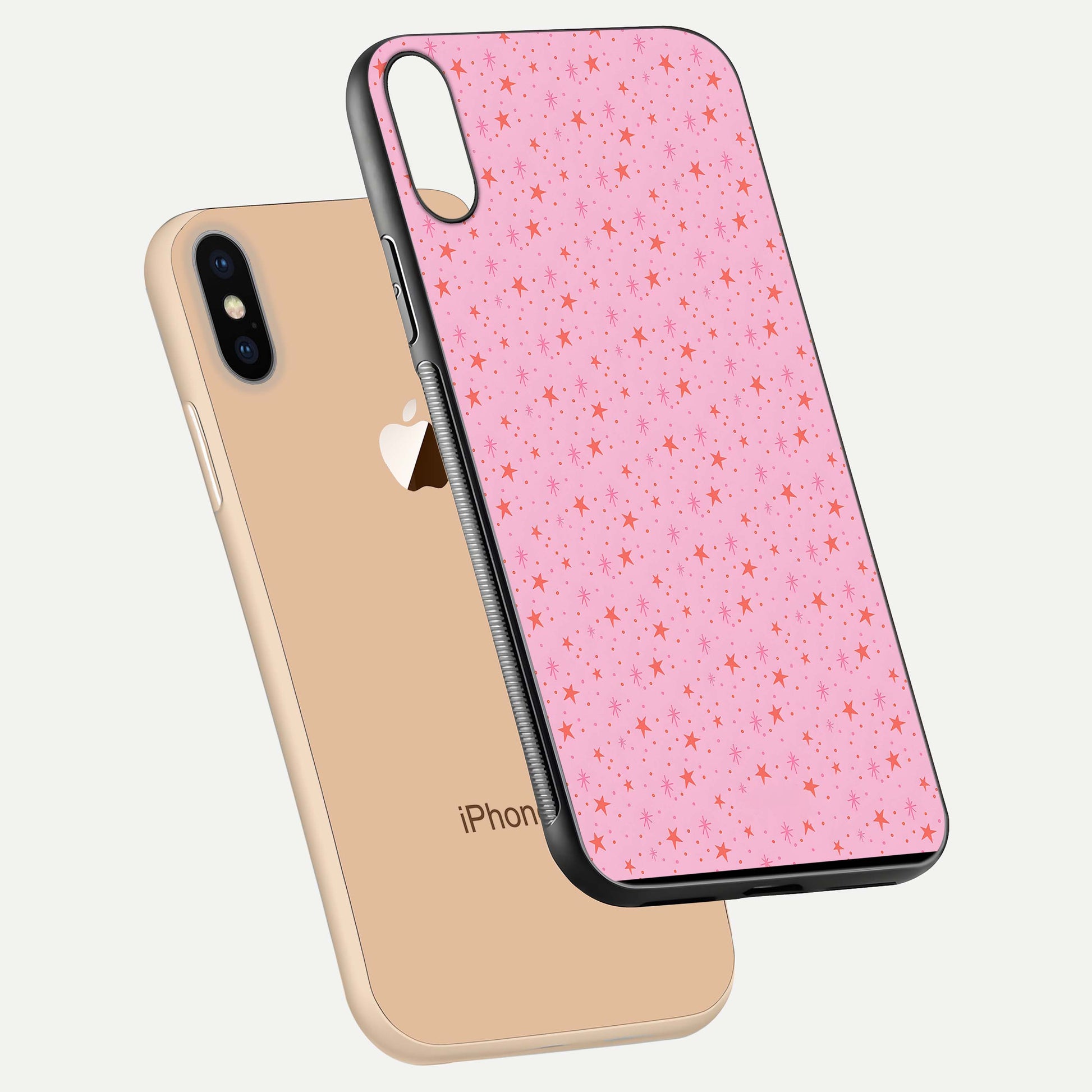 Cosmic Pink Sparkle iPhone Xs Max glass phone case floating view emphasizing premium glass surface and glittering details