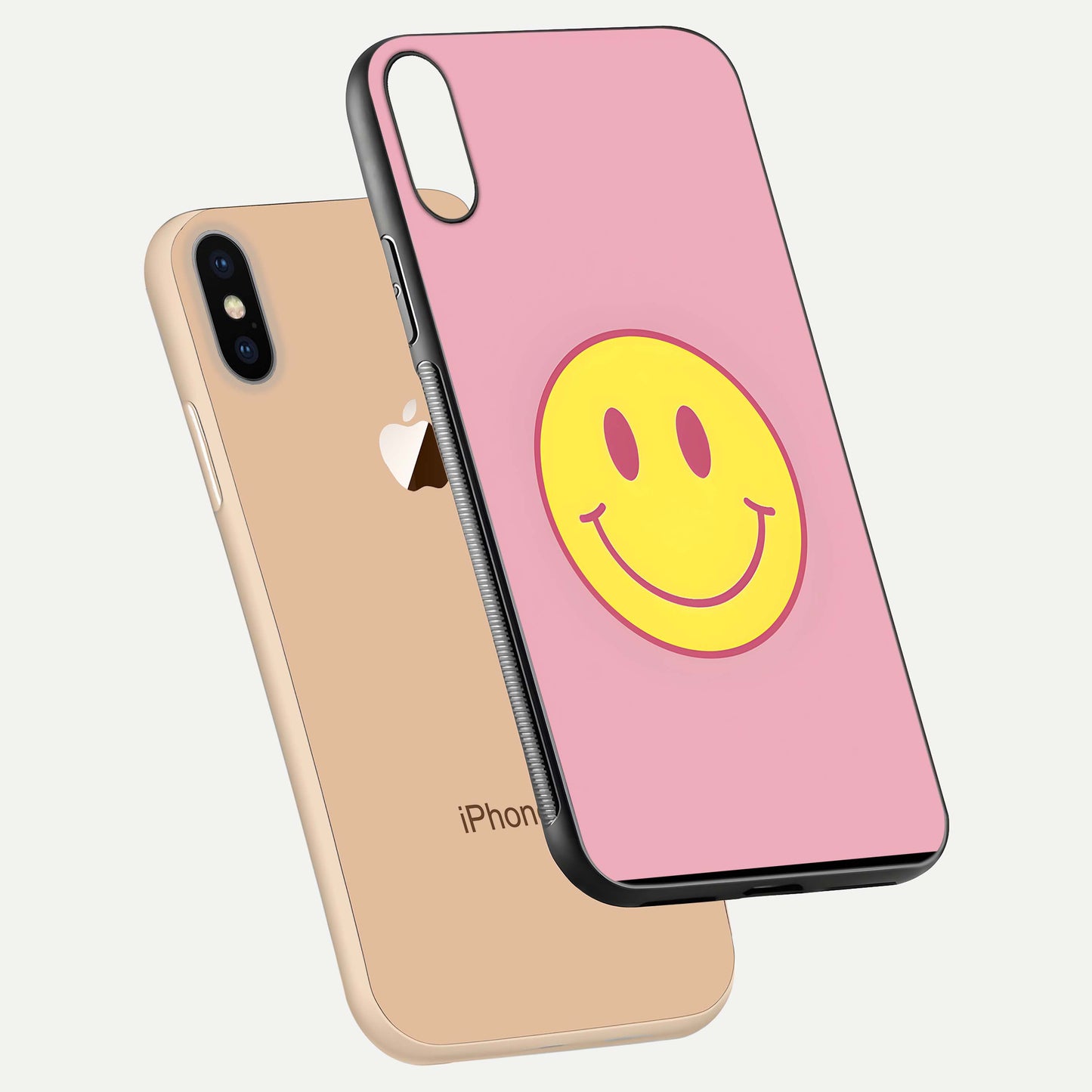Happy Pink Mood iPhone Xs Max glass phone case floating view emphasizing glossy finish and joyful color palette