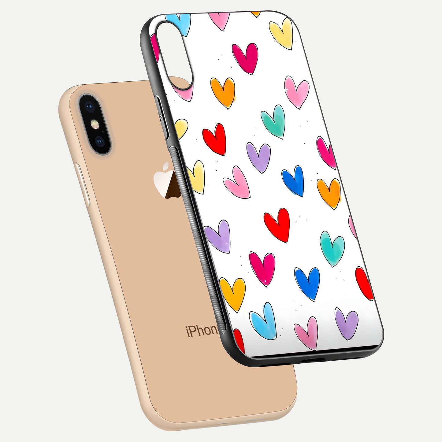 Playful Love Doodles iPhone Xs Max glass phone case floating view emphasizing glossy finish and playful design