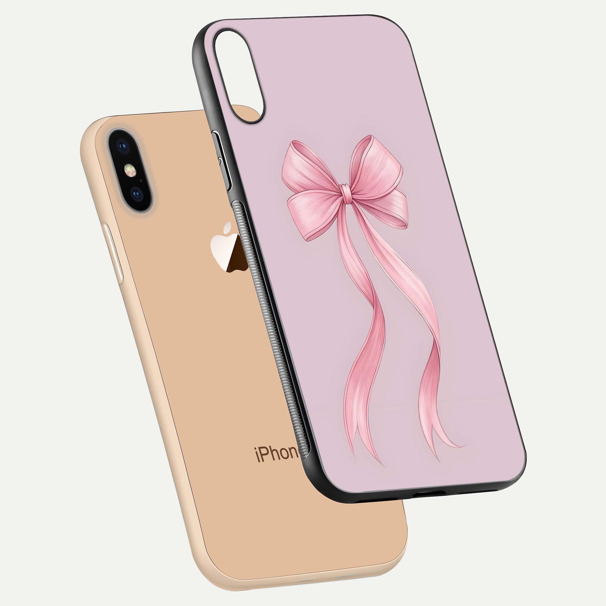 Soft Blush Bow iPhone Xs Max glass phone case floating view emphasizing glossy surface and soft feminine styling