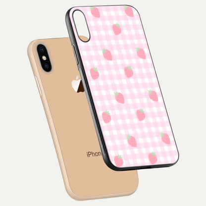 Strawberry Picnic Love iPhone Xs Max glass phone case floating view emphasizing glossy finish and playful charm