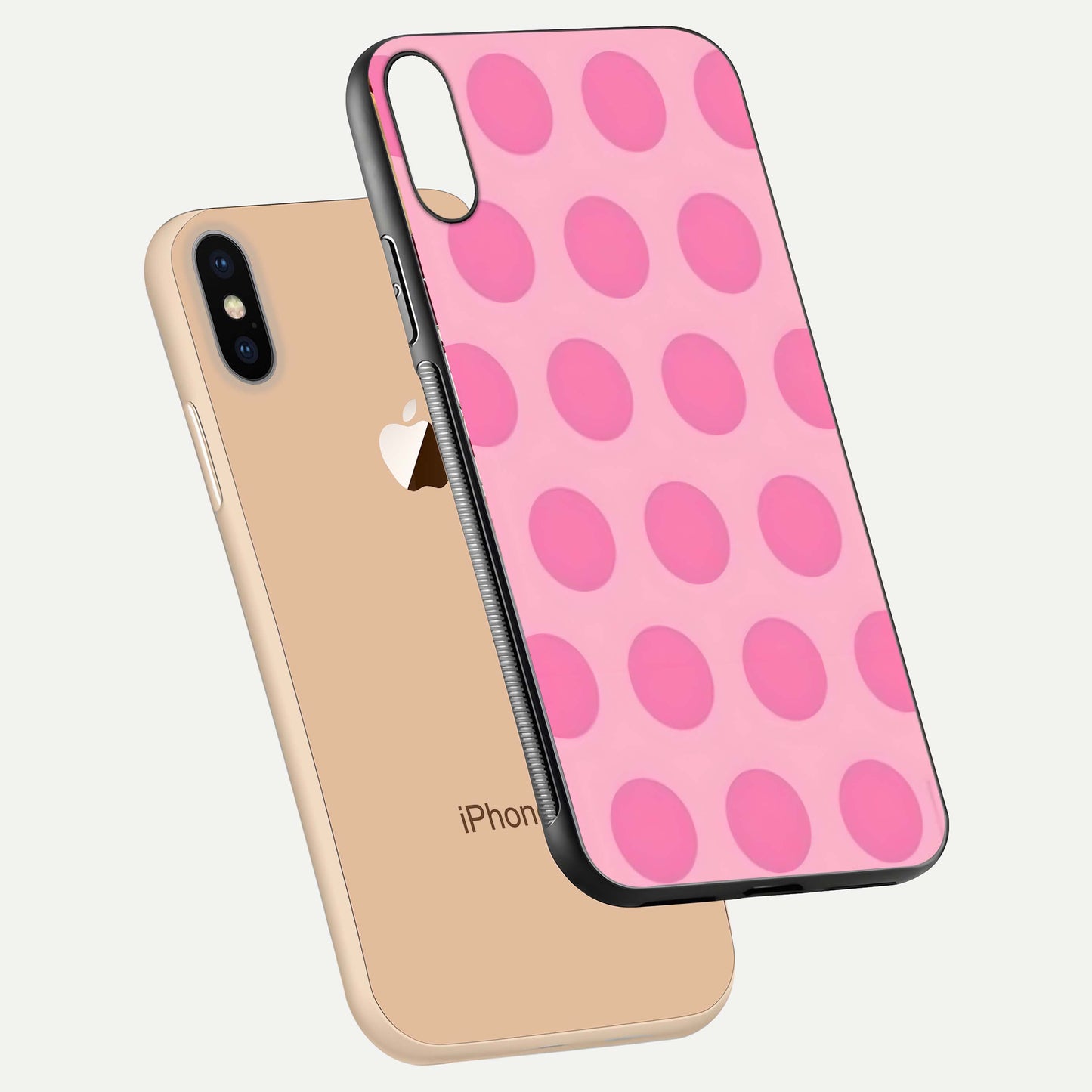 Sweet Dot Dreams iPhone Xs Max glass phone case floating view emphasizing glossy surface and soft playful styling
