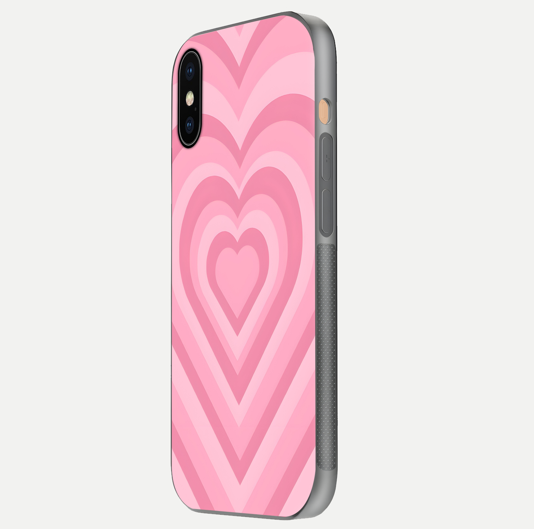 Blush Heart Waves iPhone Xs Max glass phone case side profile view focusing on smooth edges and elegant wrap