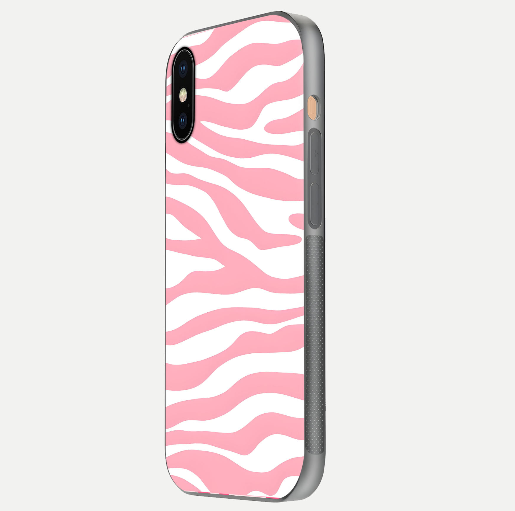 Blush Zebra Flow iPhone Xs Max glass phone case side profile view focusing on sleek frame and seamless wrap