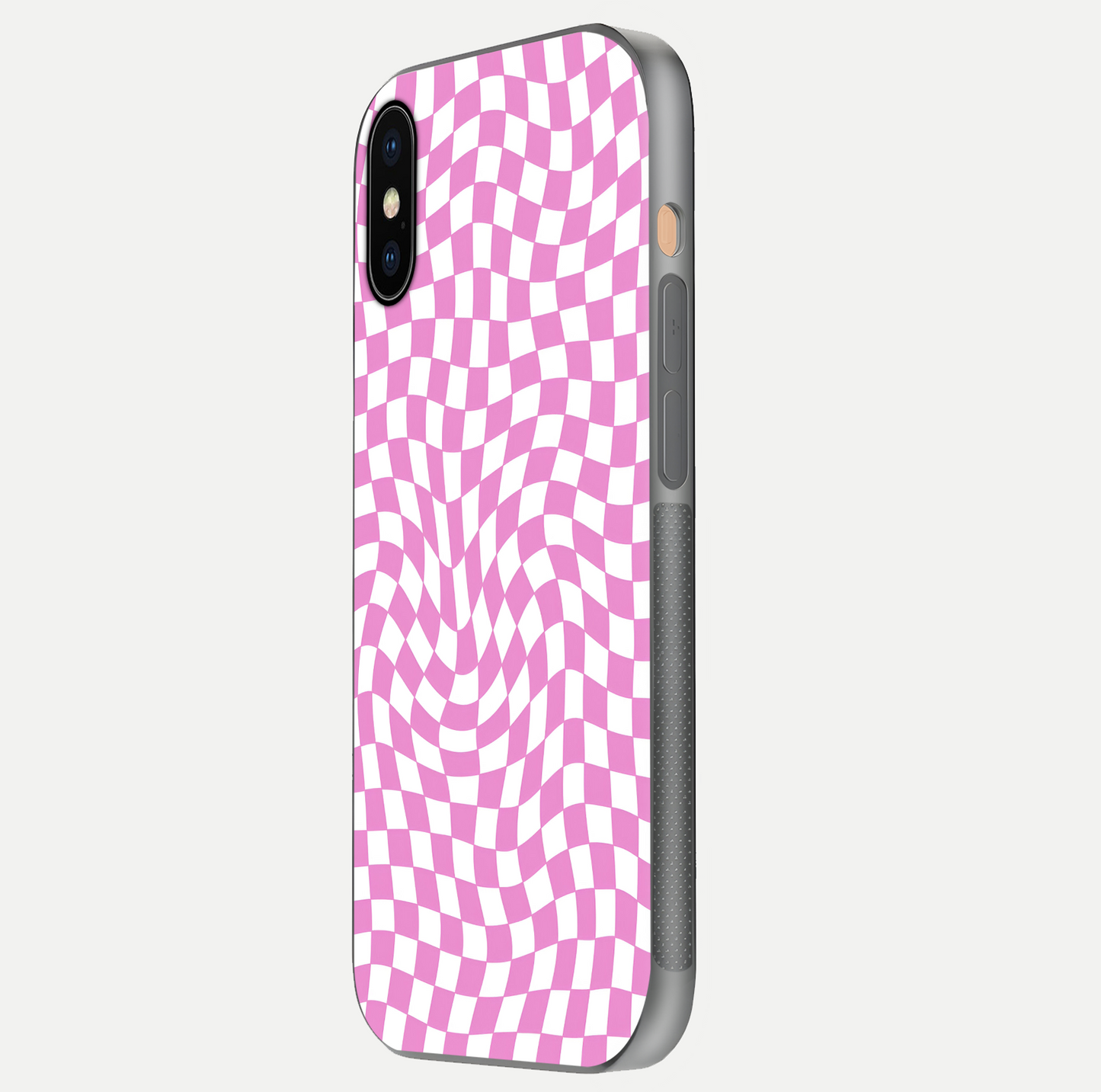 Bubblegum Check Wave iPhone Xs Max glass phone case side profile view focusing on smooth edges and seamless wrap