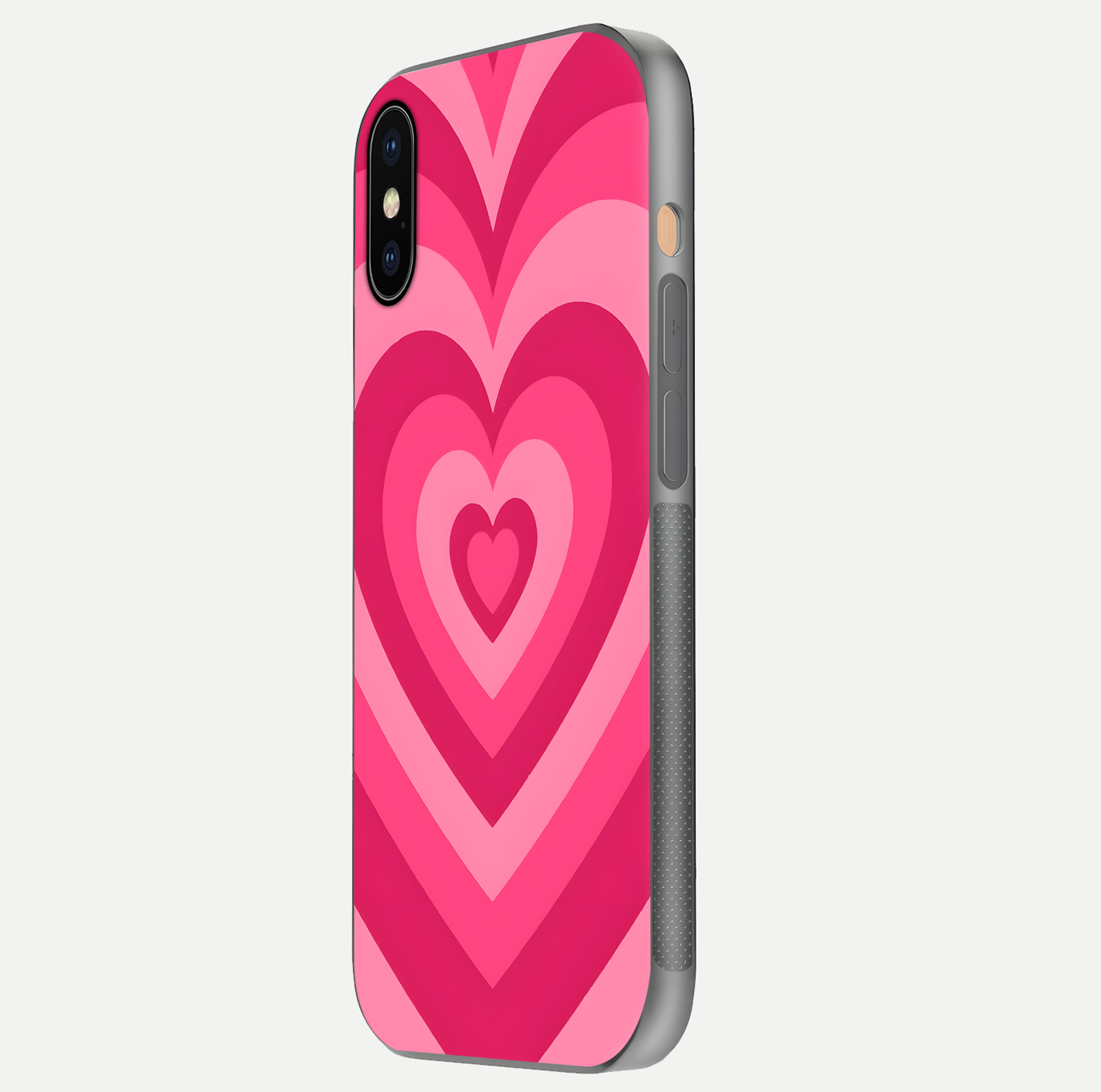 Layered Love Hearts iPhone Xs Max glass phone case side profile view focusing on sleek edges and seamless wrap