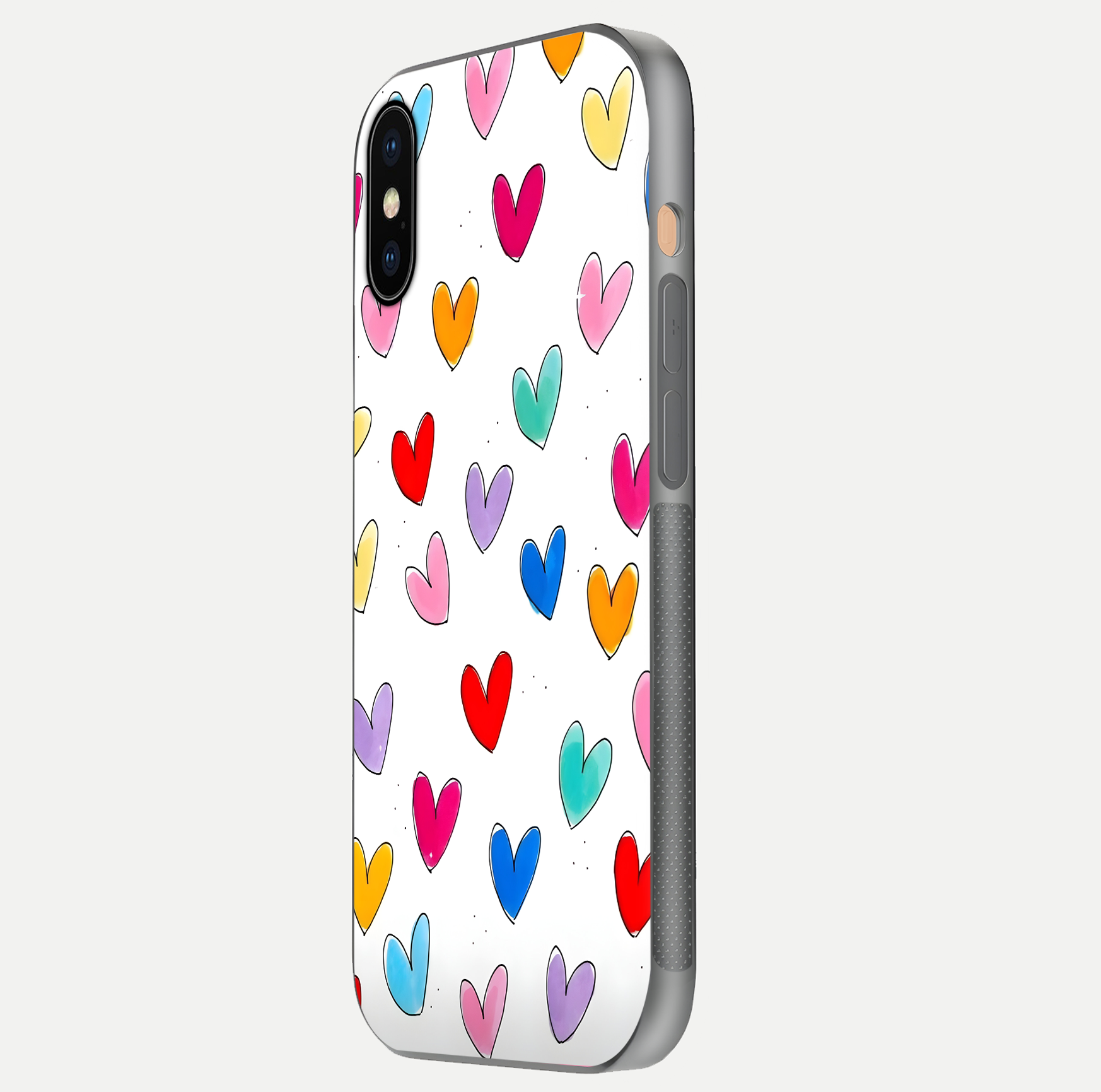 Playful Love Doodles iPhone Xs Max glass phone case side profile view focusing on smooth frame and seamless wrap