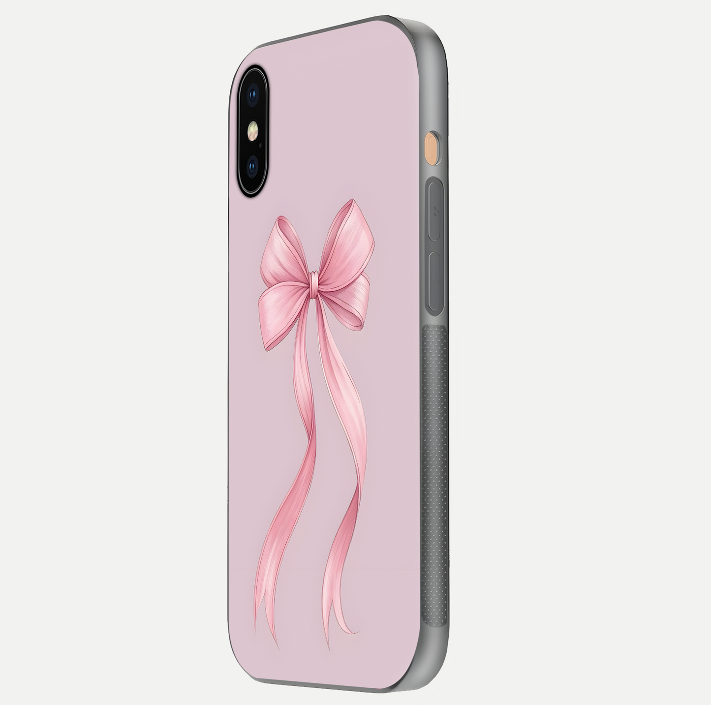 Soft Blush Bow iPhone Xs Max glass phone case side profile view focusing on sleek edges and seamless wrap