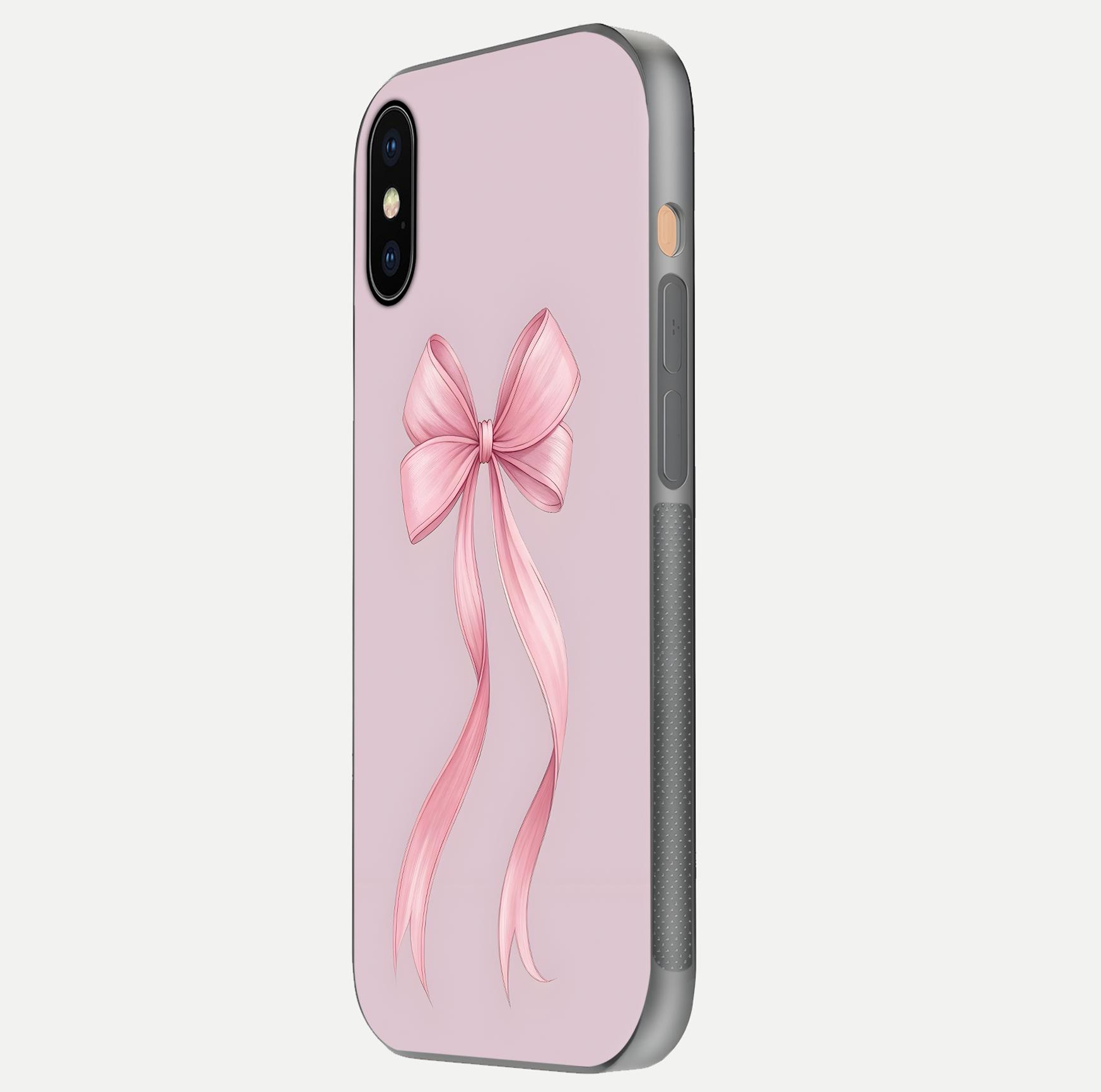 Soft Blush Bow iPhone Xs Max glass phone case side profile view focusing on sleek edges and seamless wrap