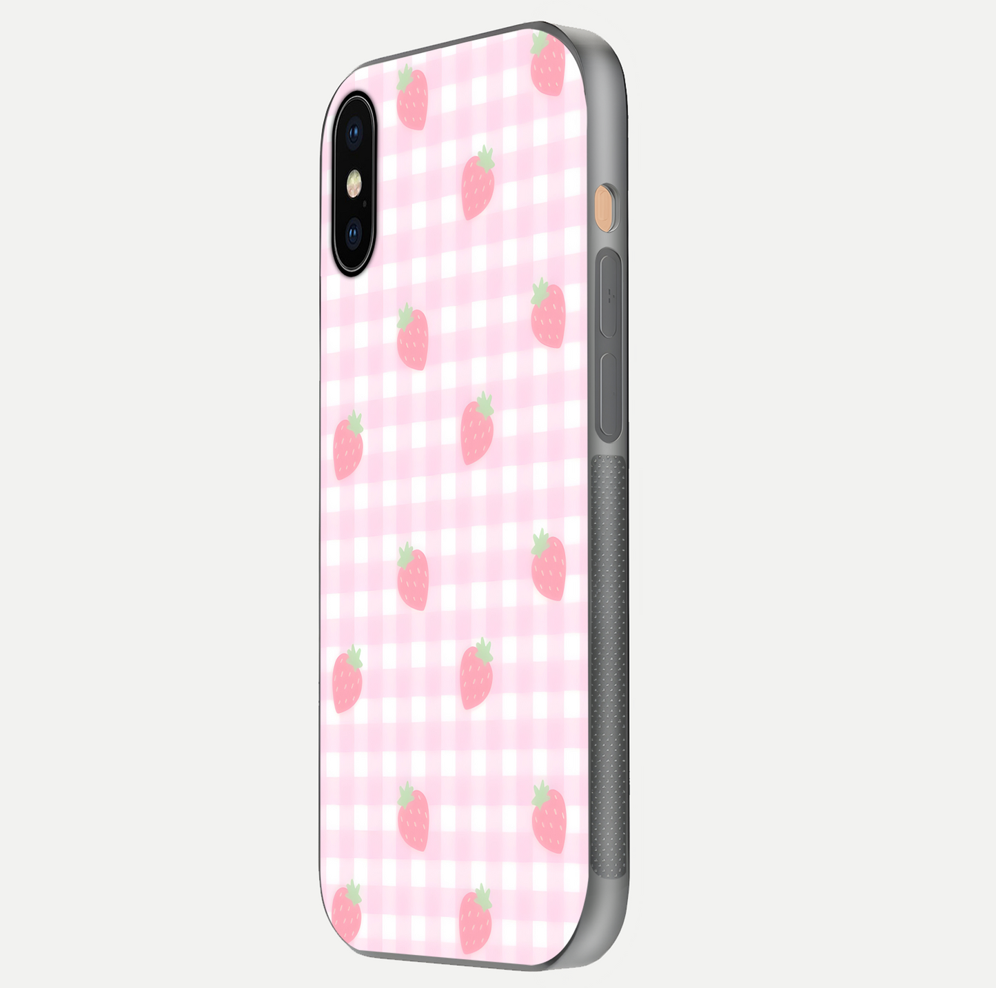 Strawberry Picnic Love iPhone Xs Max glass phone case side profile view focusing on smooth frame and seamless wrap