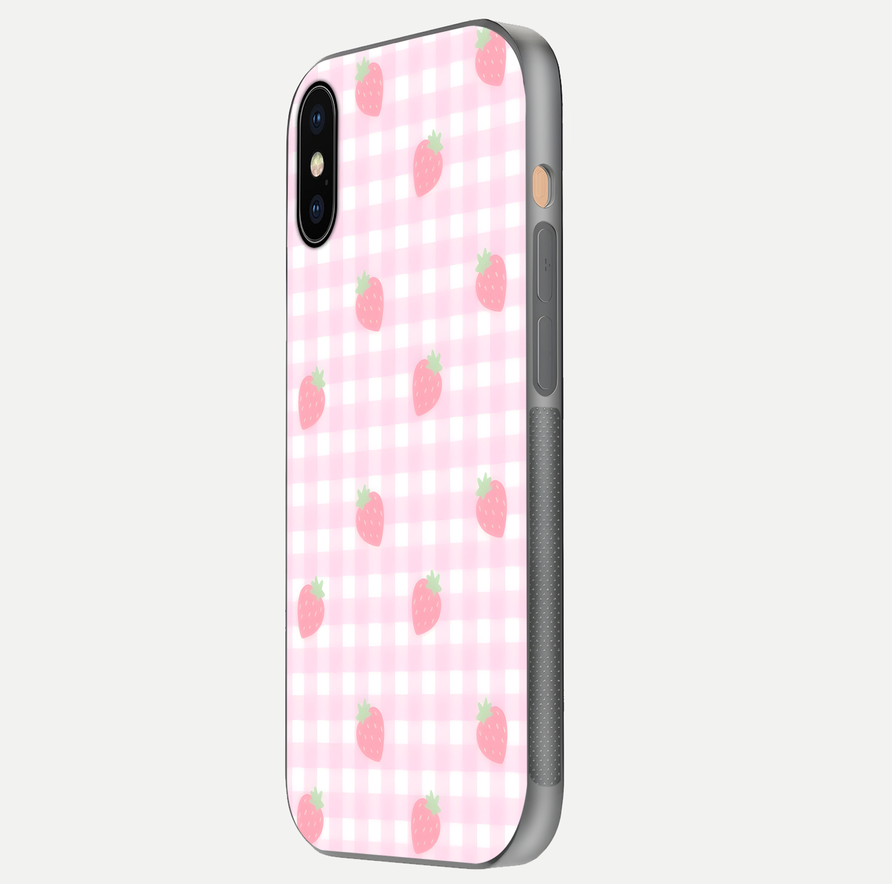 Strawberry Picnic Love iPhone Xs Max glass phone case side profile view focusing on smooth frame and seamless wrap