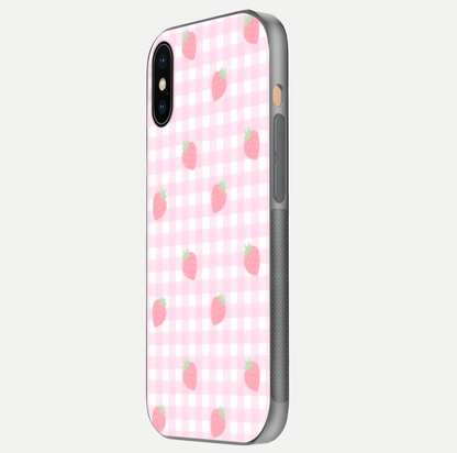 Strawberry Picnic Love iPhone Xs Max glass phone case side profile view focusing on smooth frame and seamless wrap