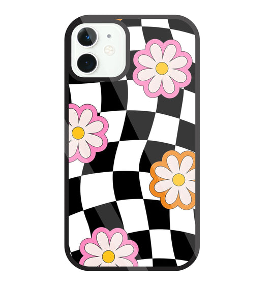 Check Pattern with flowers Glass Case For Apple iPhone 11