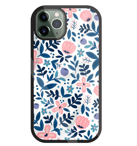 Blue- Pink Flower Pattern Glass Case For Apple iPhone 11 Pro