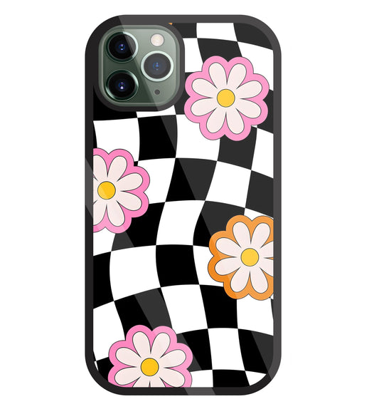 Check Pattern with flowers Glass Case For Apple iPhone 11 Pro