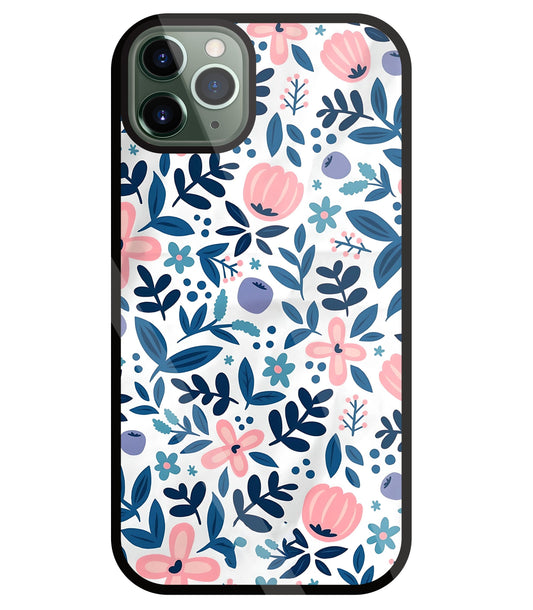Blue- Pink Flower Pattern Glass Case For Apple iPhone 11 Pro Max