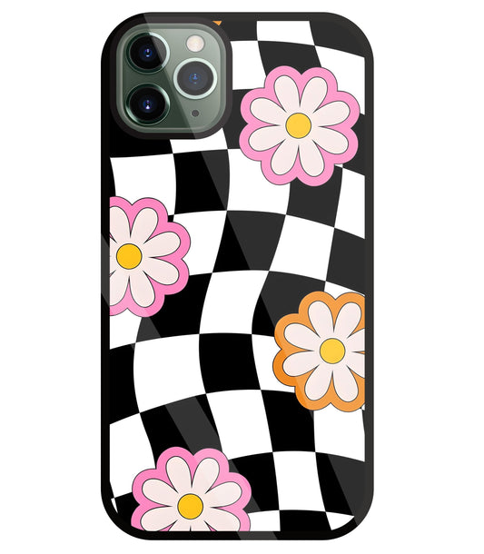 Check Pattern with flowers Glass Case For Apple iPhone 11 Pro Max