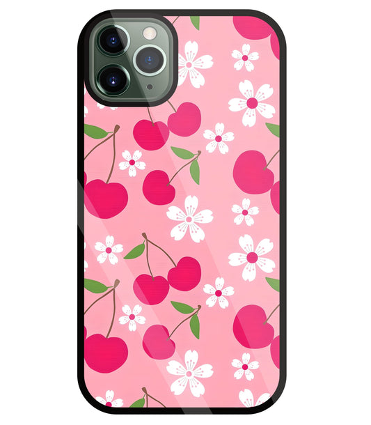 Pink Cherry With Flowers Glass Case For Apple iPhone 11 Pro Max