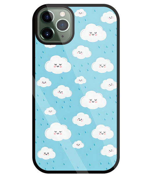 Smile Clouds With  Rain Glass Case For Apple iPhone 11 Pro Max