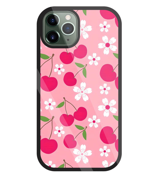 Pink Cherry With Flowers Glass Case For Apple iPhone 11 Pro