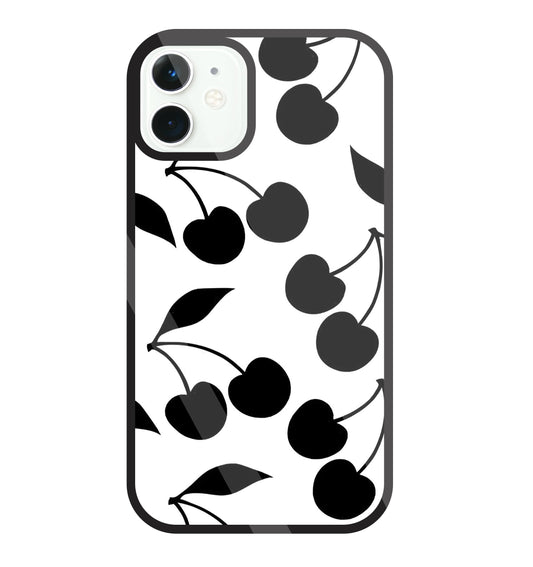 White With Black Cherry Glass Case For Apple iPhone 11