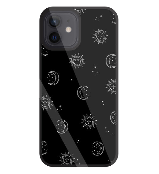 Black Sun With Moon Glass Case For Apple iPhone 12
