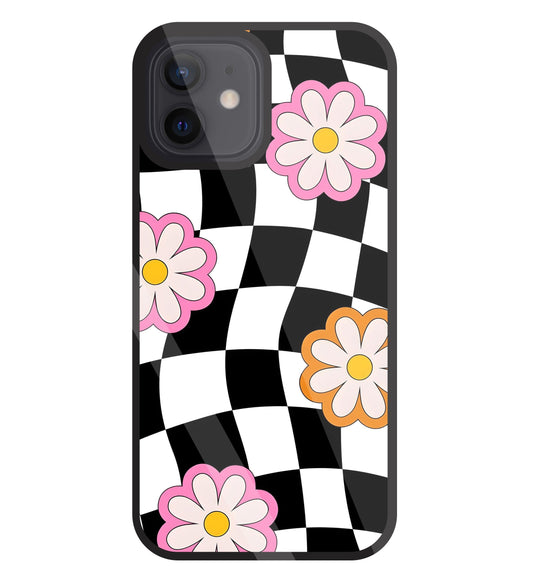 Check Pattern with flowers Glass Case For Apple iPhone 12