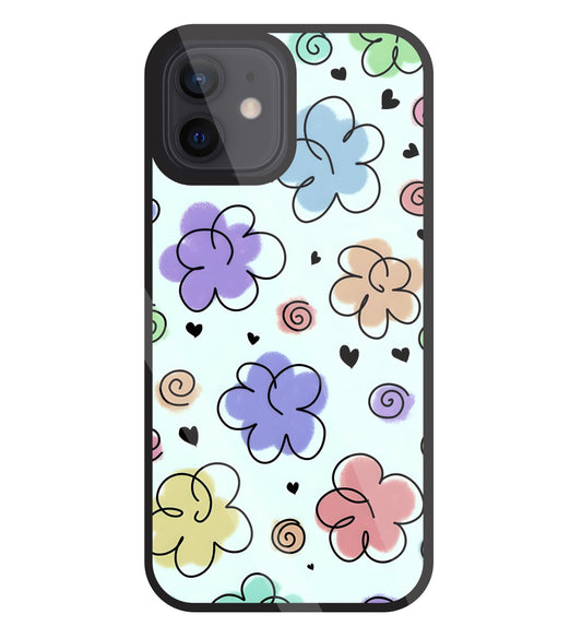 Cute Line Art Flowers Glass Case For Apple iPhone 12