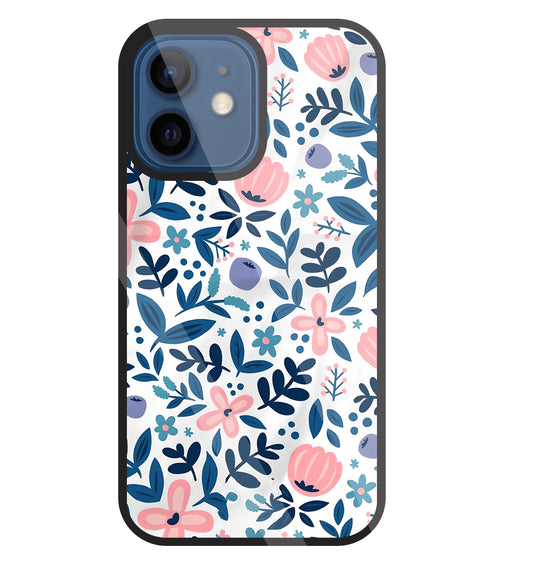 Blue- Pink Flower Pattern Glass Case For Apple iPhone 12 Mini