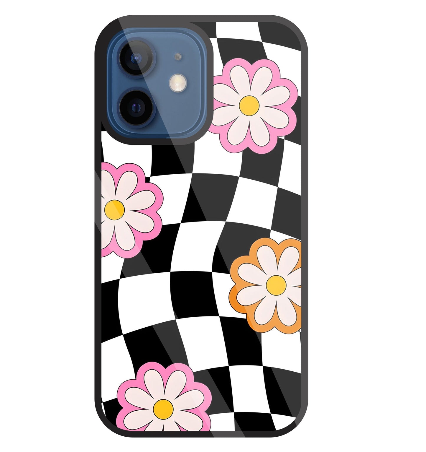 Check Pattern with flowers Glass Case For Apple iPhone 12 Mini