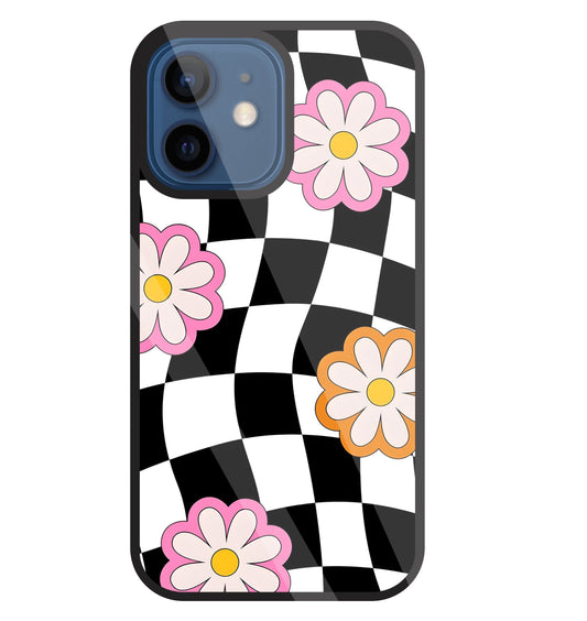 Check Pattern with flowers Glass Case For Apple iPhone 12 Mini