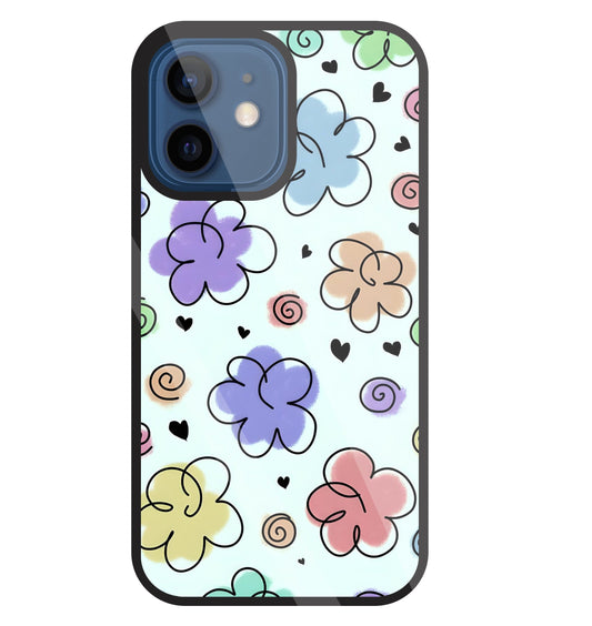 Cute Line Art Flowers Glass Case For Apple iPhone 12 Mini