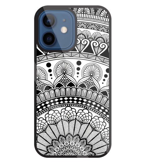 Mandala Pattern Black And White Glass Case For Apple iPhone 12 Mini