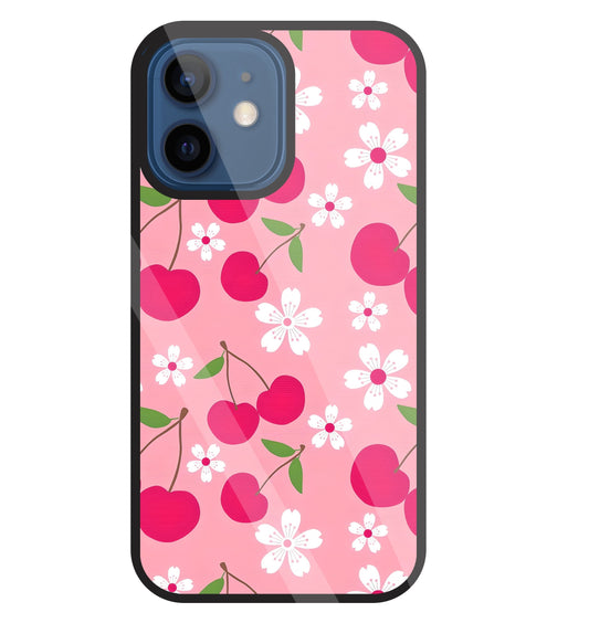 Pink Cherry With Flowers Glass Case For Apple iPhone 12 Mini