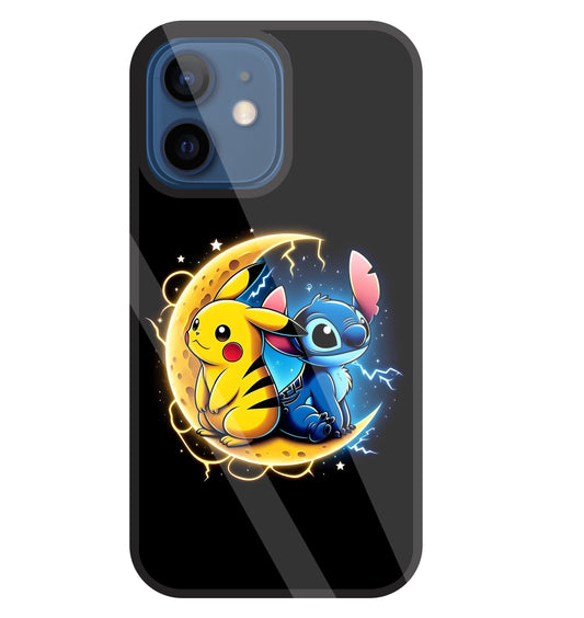 Stitch and Pikachu Moon Glass Case For Apple iPhone 12 Mini