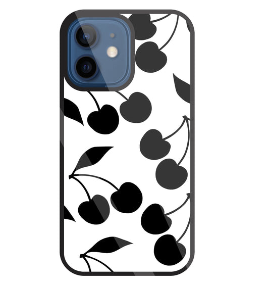 White With Black Cherry Glass Case For Apple iPhone 12 Mini