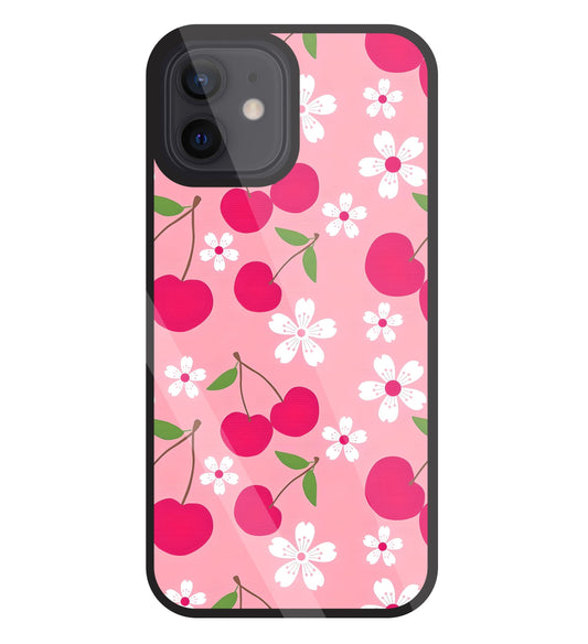 Pink Cherry With Flowers Glass Case For Apple iPhone 12