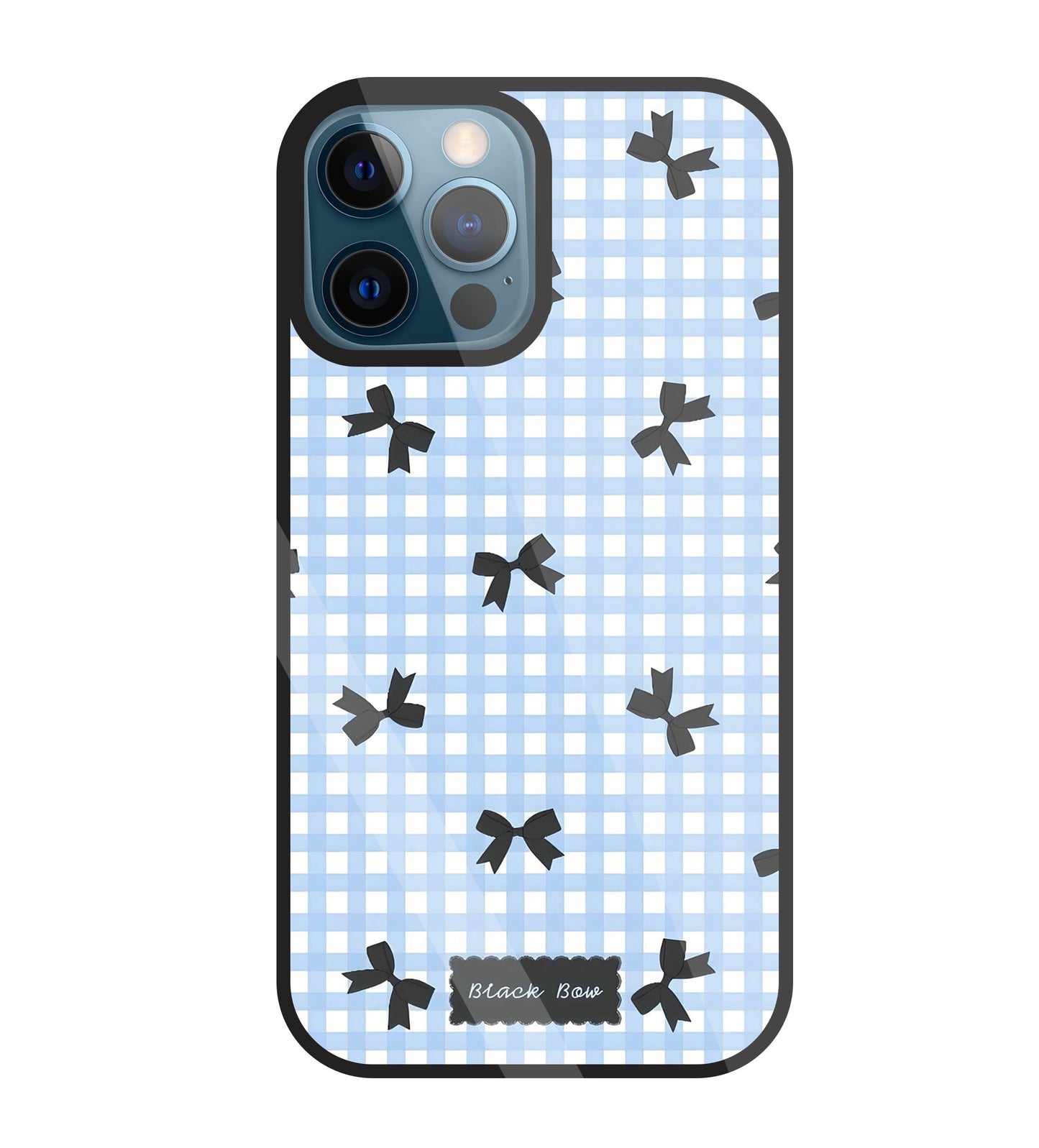Black Ribbon With Check Pattern Glass Case For Apple iPhone 12 Pro