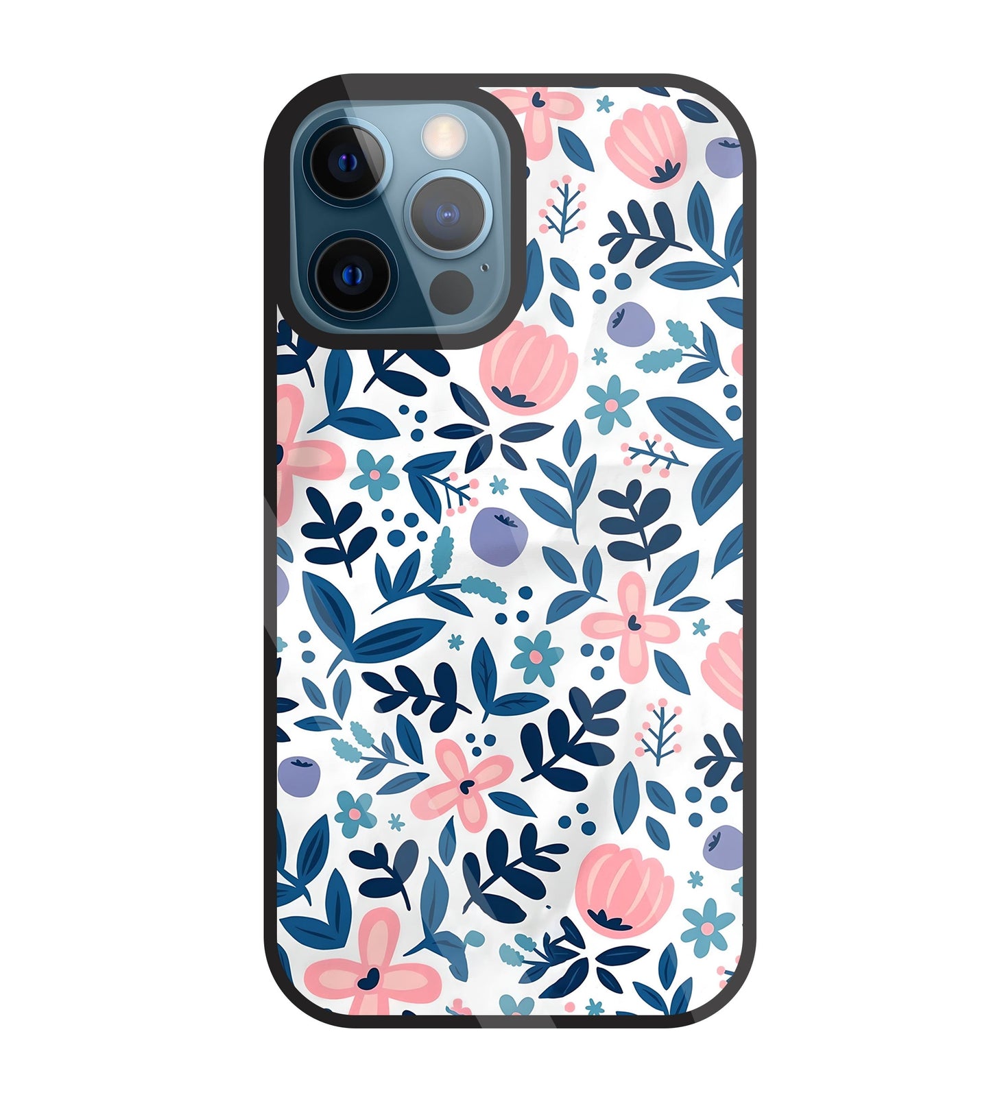 Blue- Pink Flower Pattern Glass Case For Apple iPhone 12 Pro