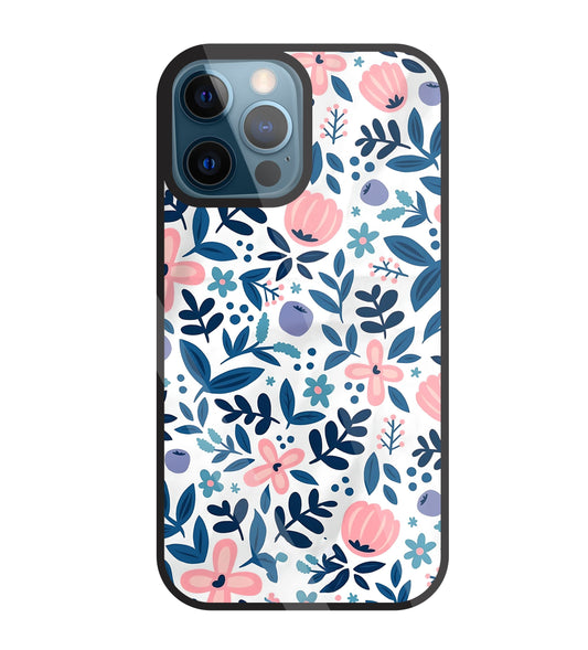 Blue- Pink Flower Pattern Glass Case For Apple iPhone 12 Pro