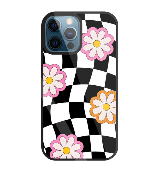Check Pattern with flowers Glass Case For Apple iPhone 12 Pro