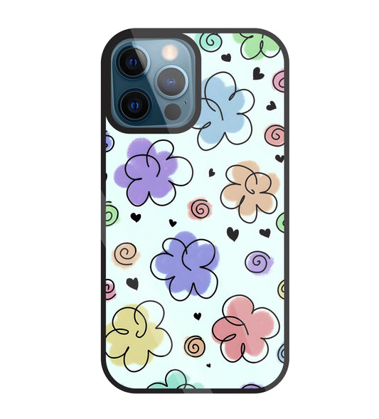 Cute Line Art Flowers Glass Case For Apple iPhone 12 Pro